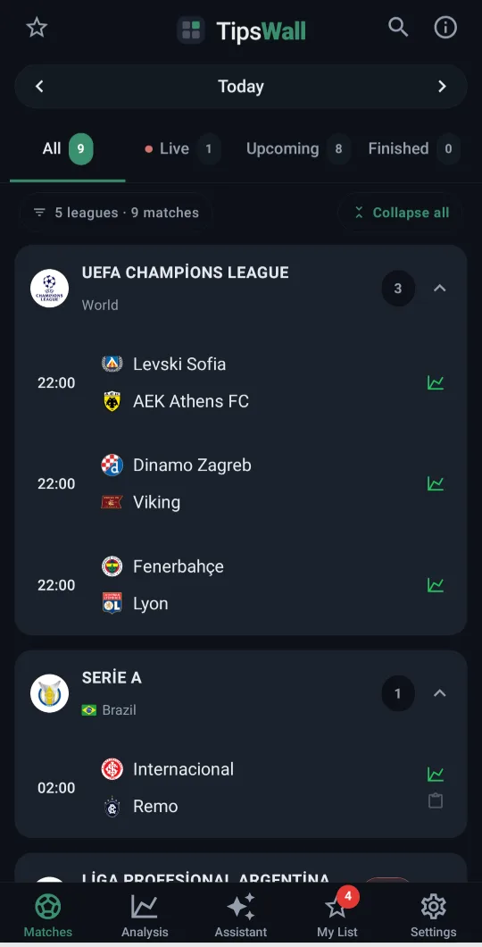 Matches screen: the day's fixtures grouped by competition, with live, upcoming and finished filters.